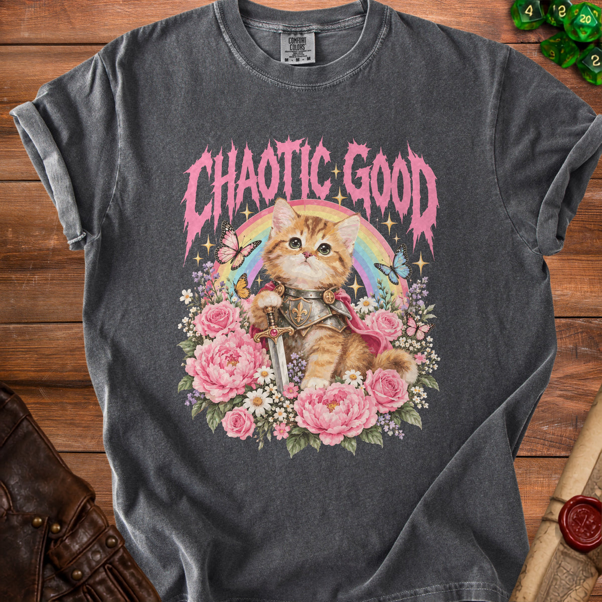 Cat knight with sword, armor, and cape, surrounded by flowers, butterflies, and rainbow. Text reads "CHAOTIC GOOD".