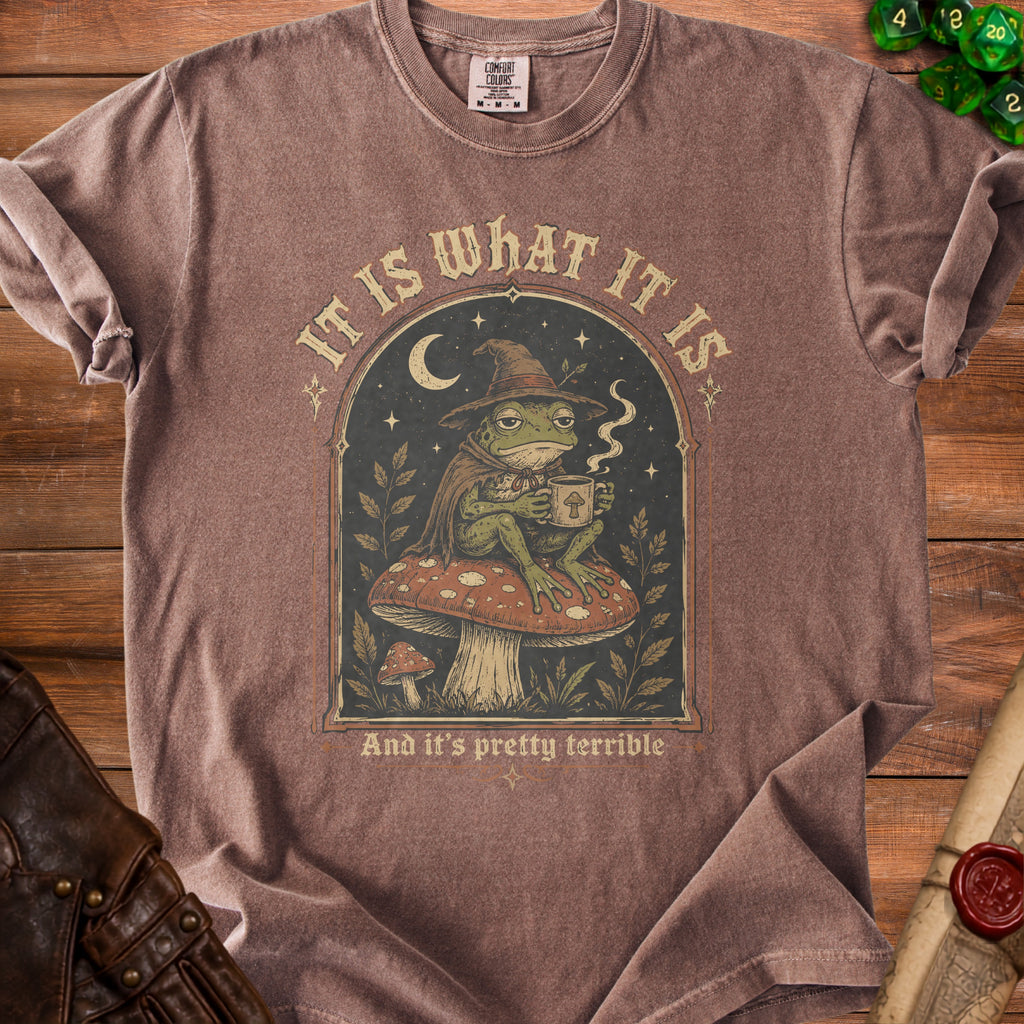 Brown t-shirt with frog wearing witch hat on mushroom, "IT IS WHAT IT IS" text.
