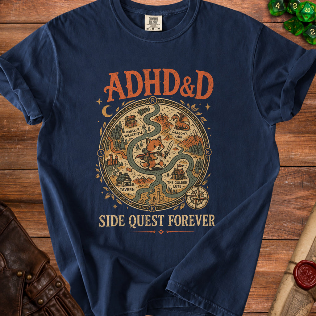 Dark navy t-shirt with "ADHD&D SIDE QUEST FOREVER" and a whimsical map graphic.