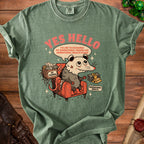 Green t-shirt with opossum graphic saying "Yes hello, I'd like to exchange my generational trauma for generational wealth please."