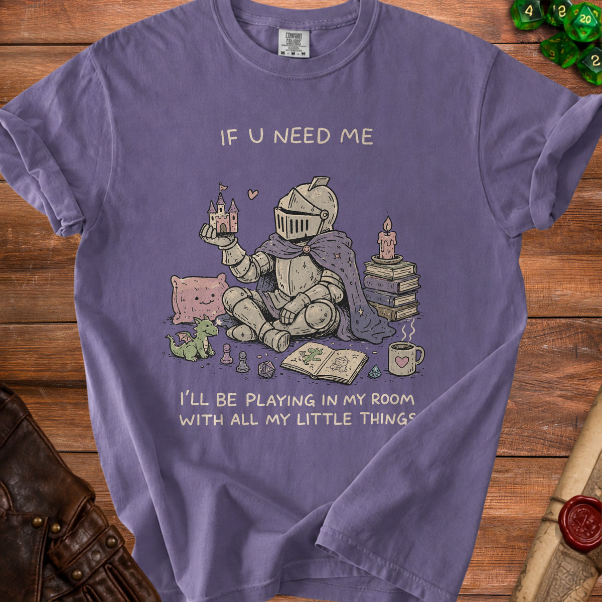 Knight in armor playing with castle, dragon, dice, and book, with text.