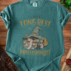 Teal t-shirt with "I NEED A LONG REST PROFESSIONALLY" text and wizard imagery.