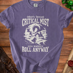 Purple t-shirt with "Critical Mist" text, dragon, and adventurer graphic.