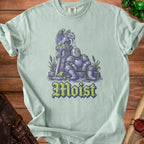 T-shirt featuring a knight sitting under a gargoyle fountain with the word "Moist".