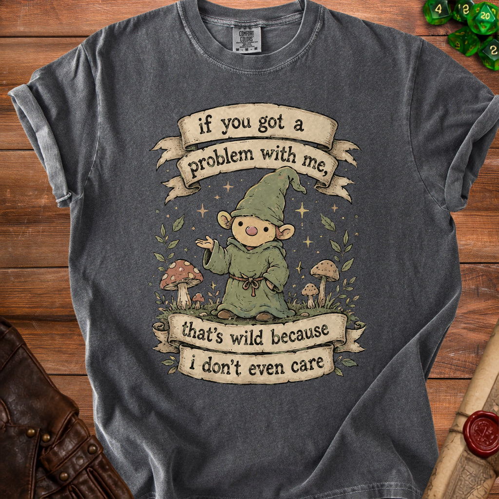 Gray t-shirt with gnome graphic saying "if you got a problem with me, that's wild because i don't even care."