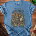 Blue t-shirt with goblin graphic reading "The Call to Adventure Can Leave a Message."