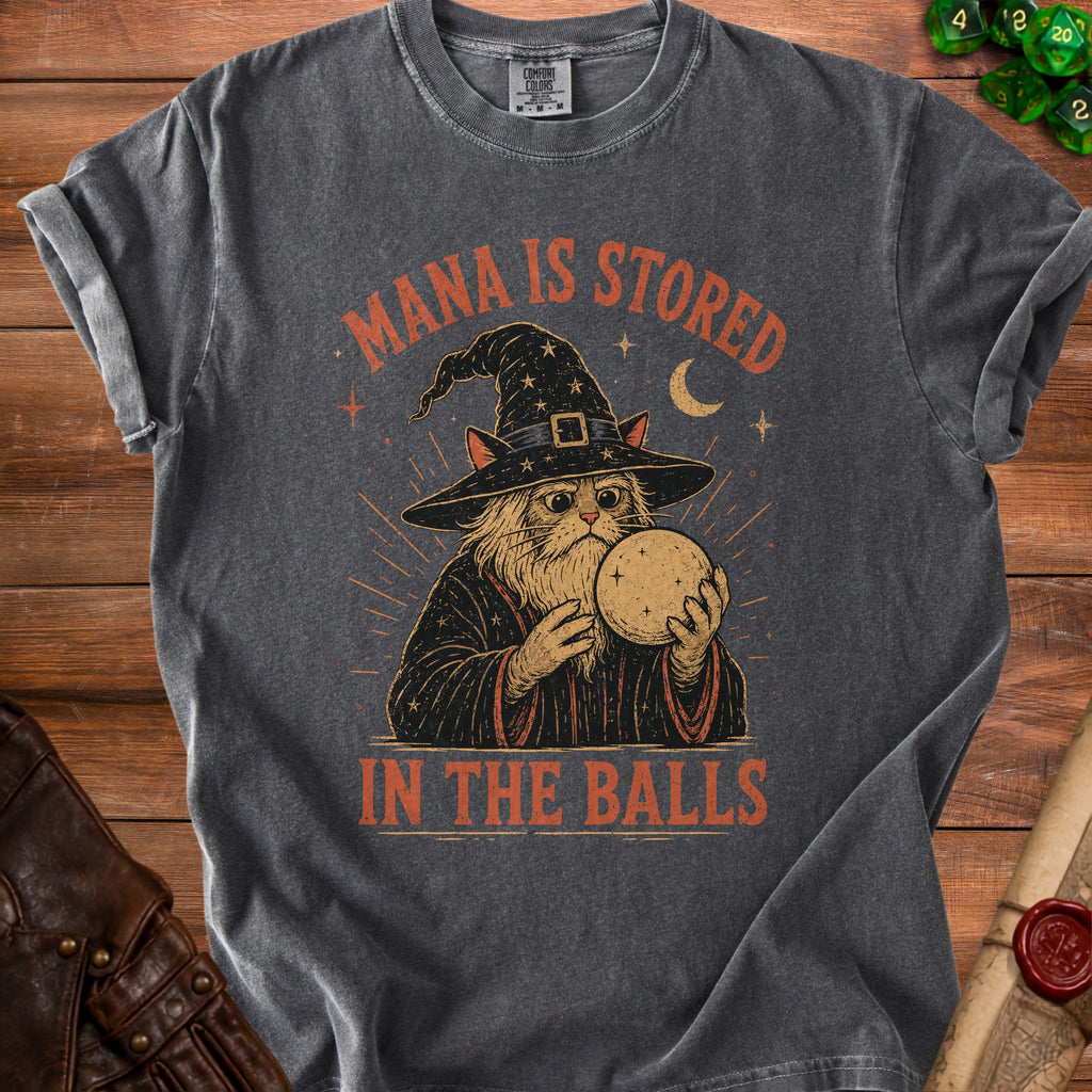 T-shirt with a wizard cat graphic and text "MANA IS STORED IN THE BALLS".
