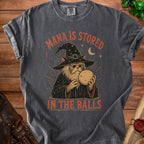 T-shirt with a wizard cat graphic and text "MANA IS STORED IN THE BALLS".