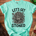 Aqua t-shirt with "LET'S GET STONED" and Medusa graphic.
