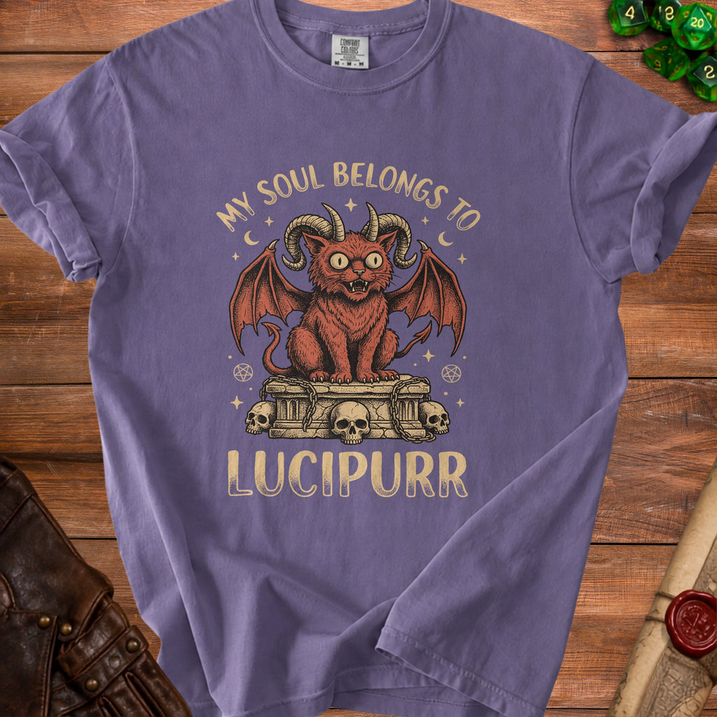 Purple t-shirt with winged devil cat graphic and text "My Soul Belongs To Lucipurr".
