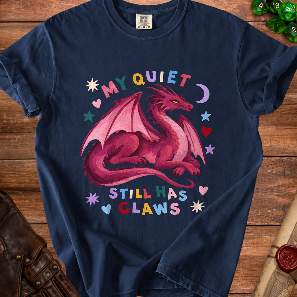 Navy t-shirt with a pink dragon graphic and text "My Quiet Still Has Claws".