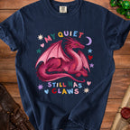 Navy t-shirt with a pink dragon graphic and text "My Quiet Still Has Claws".