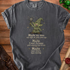 Dark grey t-shirt with a goblin illustration and text.