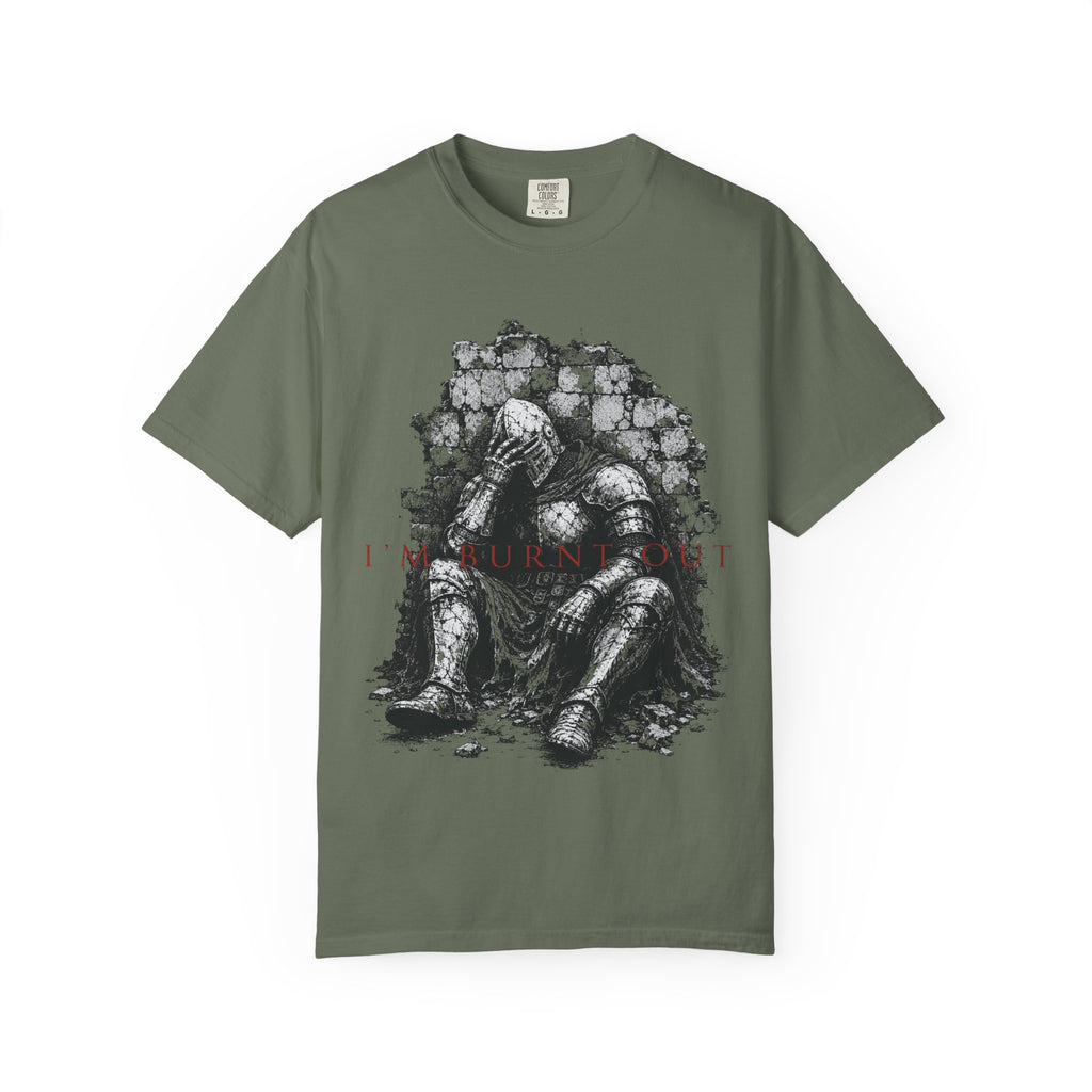 T-shirt graphic of knight sitting against a crumbling wall, with "I'M BURNT OUT" text.