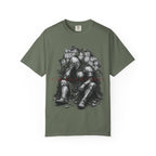 T-shirt graphic of knight sitting against a crumbling wall, with "I'M BURNT OUT" text.
