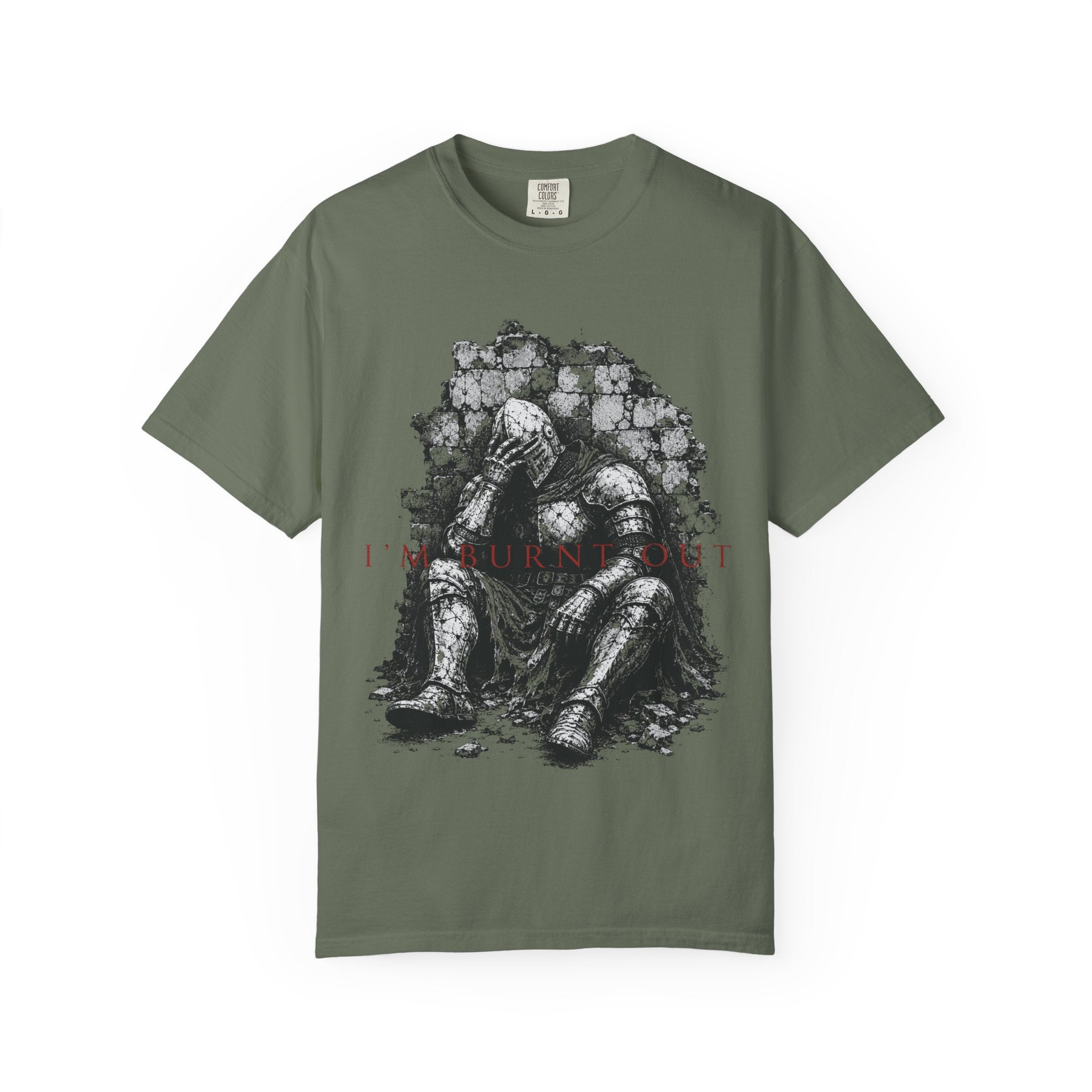 T-shirt graphic of knight sitting against a crumbling wall, with "I'M BURNT OUT" text.