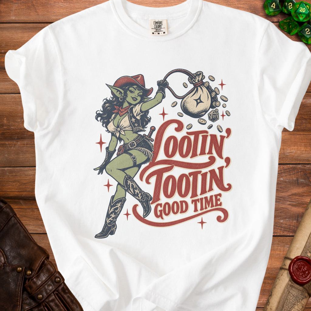 White t-shirt with a goblin cowboy and "Lootin Tootin Good Time" text.