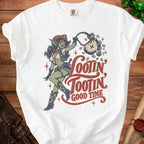White t-shirt with a goblin cowboy and "Lootin Tootin Good Time" text.