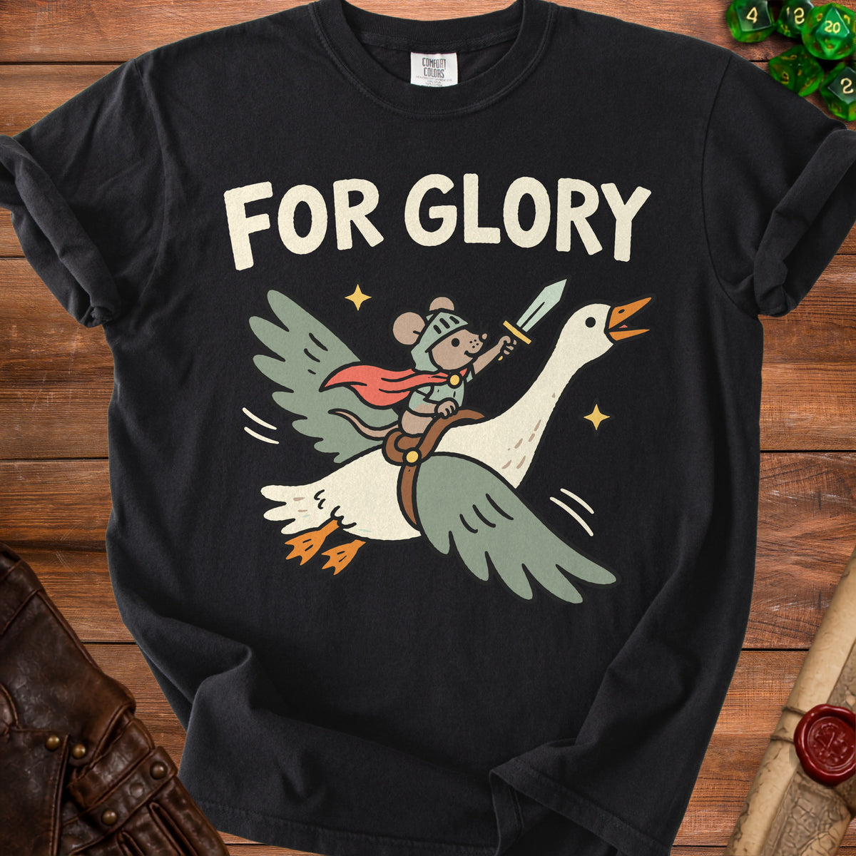 Black t-shirt featuring an illustration of a mouse knight riding a flying goose, with the text "FOR GLORY".