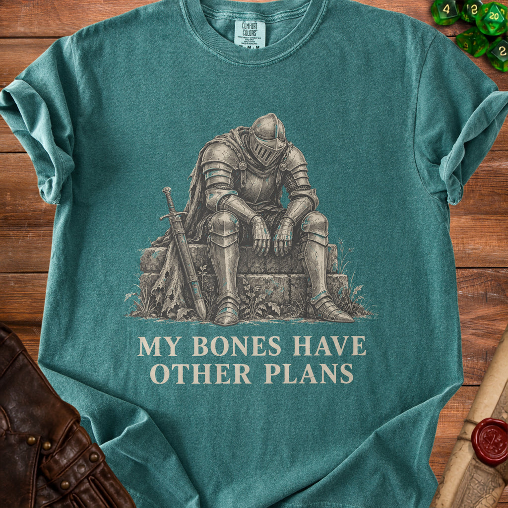 T-shirt with a distressed graphic of a seated knight and text "MY BONES HAVE OTHER PLANS".