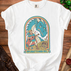White t-shirt graphic featuring a lute player and a blue dragon with treasure and the text "DIPLOMACY IS GOING WELL."