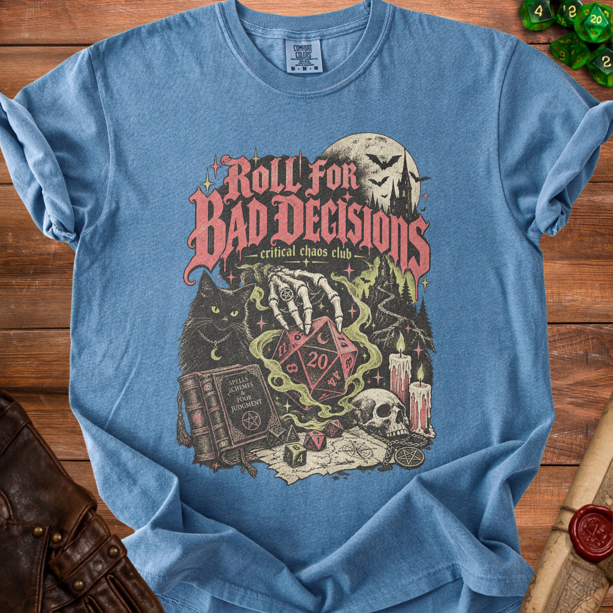 Blue t-shirt with "Roll For Bad Decisions" graphic and Dungeons & Dragons dice.