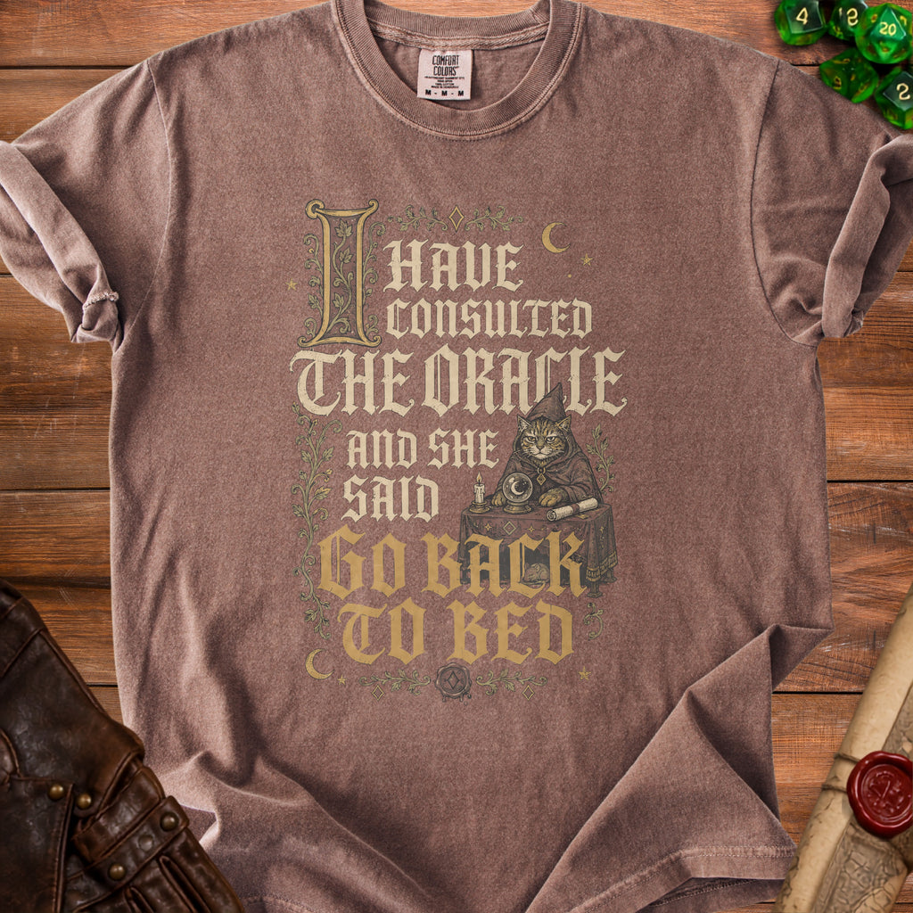 Brown t-shirt with "I have consulted the oracle and she said go back to bed" text.