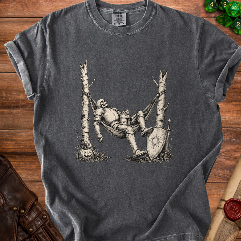 Skeleton knight in armor relaxing in a hammock with shield and sword.
