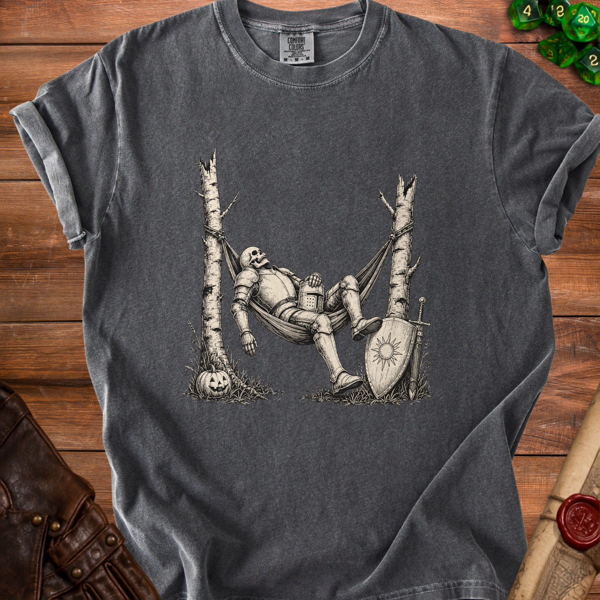 Skeleton knight in armor relaxing in a hammock with shield and sword.