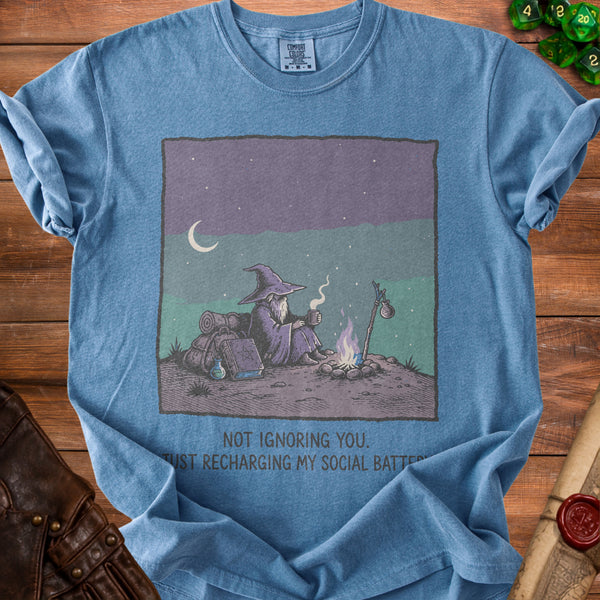 Social Battery T-Shirt in Blue Jean