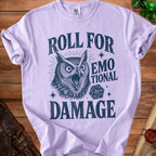 Lavender t-shirt with owl graphic and text "Roll for Emotional Damage".