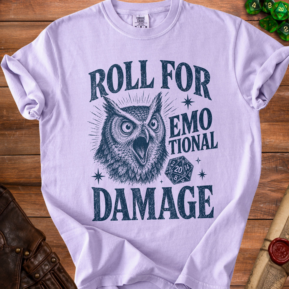 Lavender t-shirt with owl graphic and text "Roll for Emotional Damage".