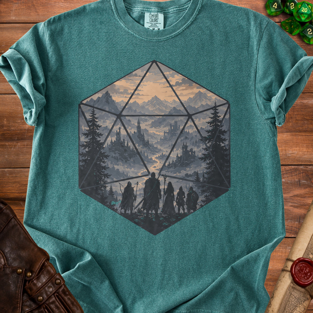 T-shirt with a D20 die graphic featuring fantasy landscape and adventurers.