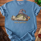 Blue t-shirt with frog wizard illustration reading, "Out of spell slots."