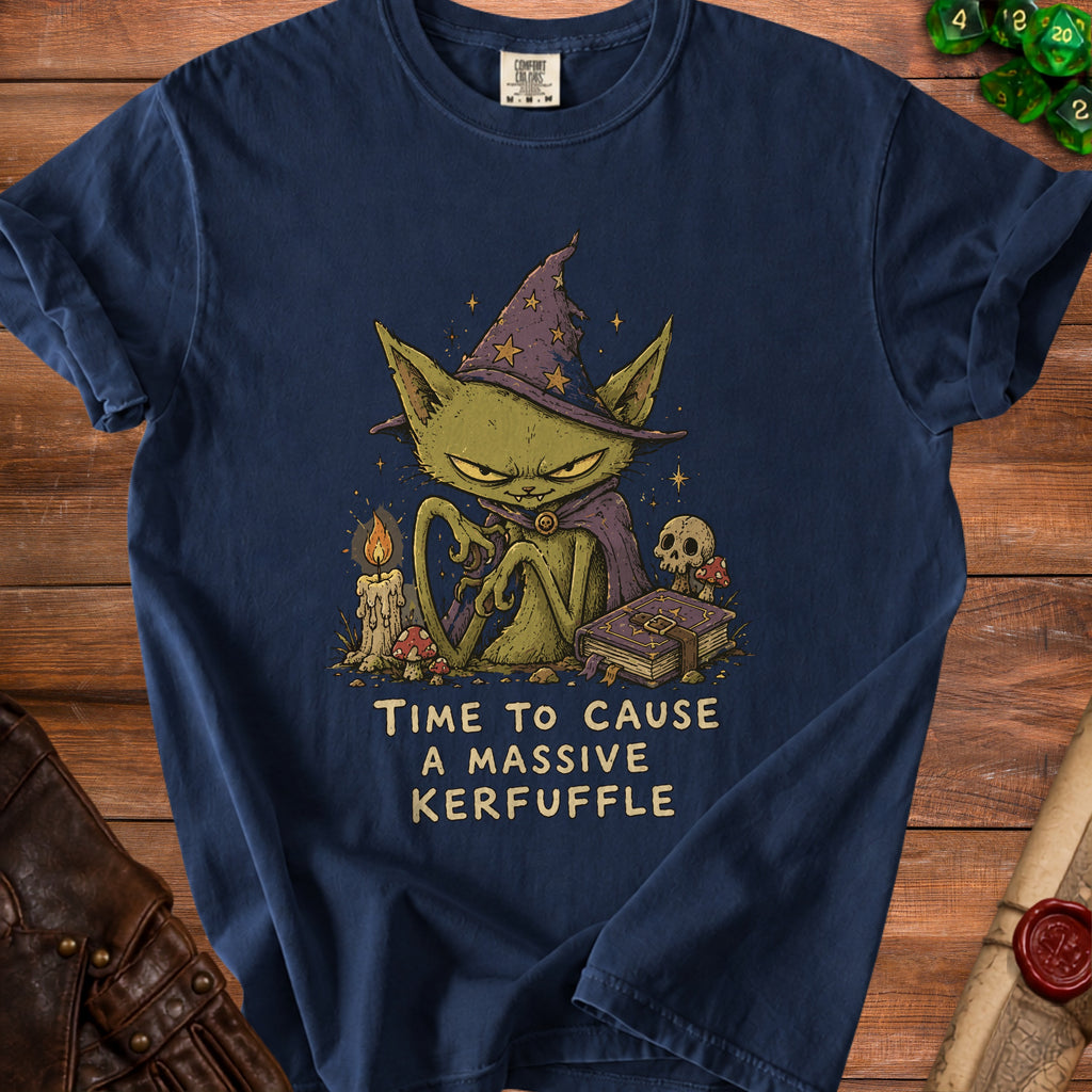 Dark blue t-shirt with a green cat in a wizard hat and cape, holding a book.