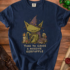 Dark blue t-shirt with a green cat in a wizard hat and cape, holding a book.