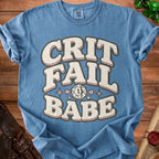 Blue t-shirt with "CRIT FAIL BABE" text and a D20 die.