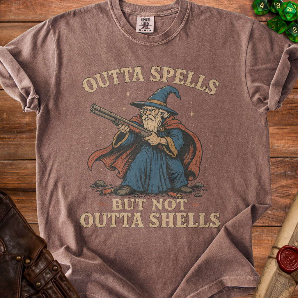 Wizard holding shotgun with text "Outta Spells but not Outta Shells".