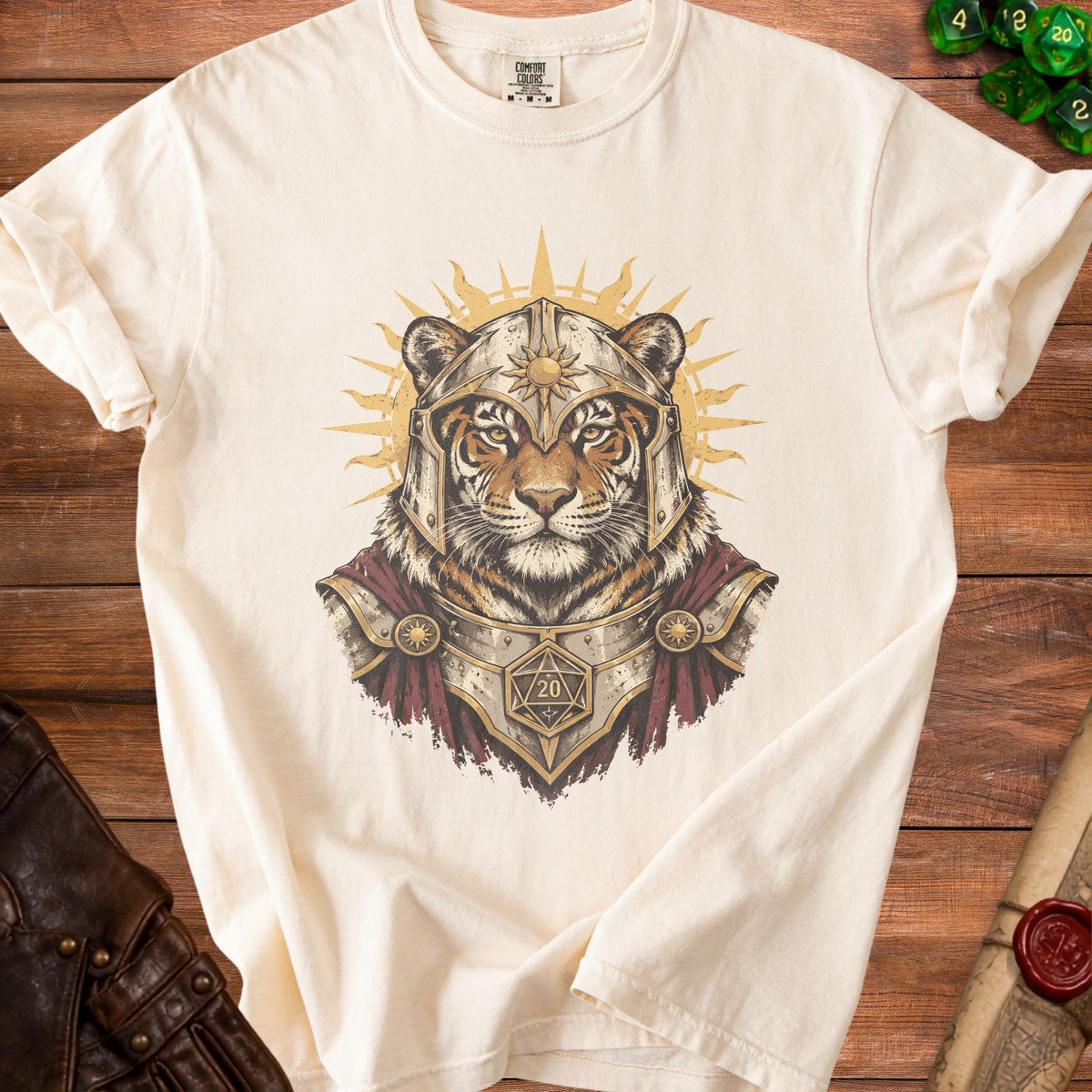 Tiger in knight's armor with sunburst and d20 dice design on a cream t-shirt.
