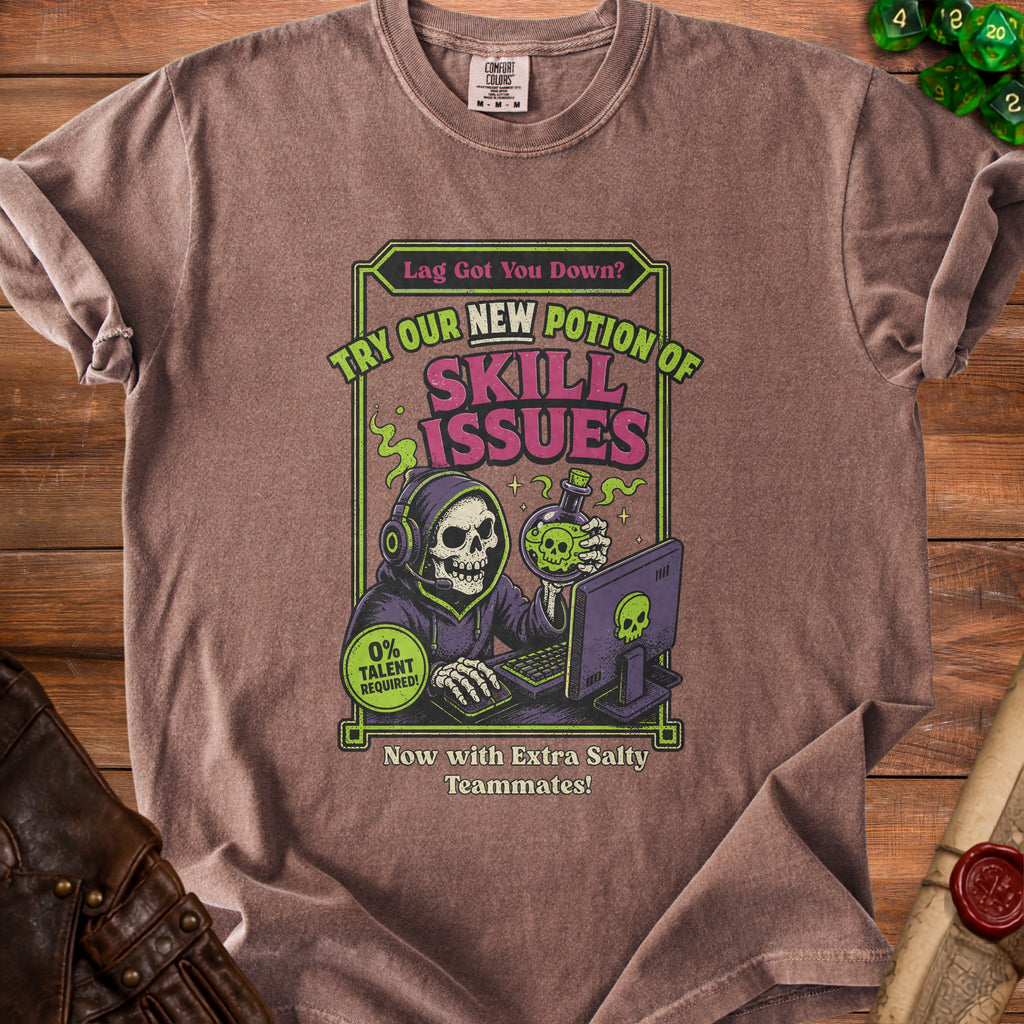 Shirt graphic of a skeleton gamer with "Skill Issues" and "0% Talent Required" text.