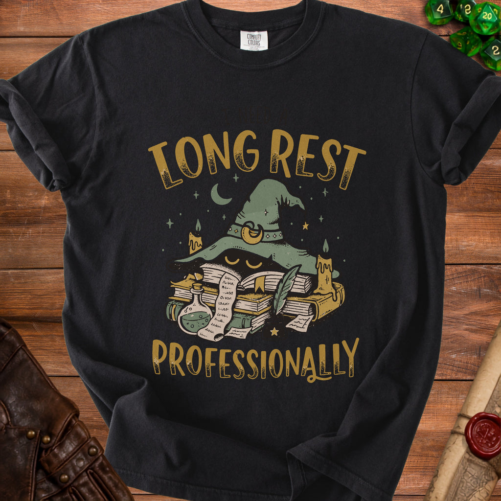 Black t-shirt with gold text "LONG REST PROFESSIONALLY" and wizard hat graphic.