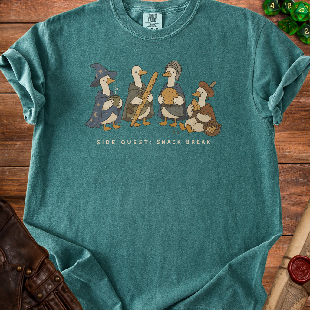 Four cartoon ducks in fantasy attire with bread and snacks, text "SIDE QUEST: SNACK BREAK".