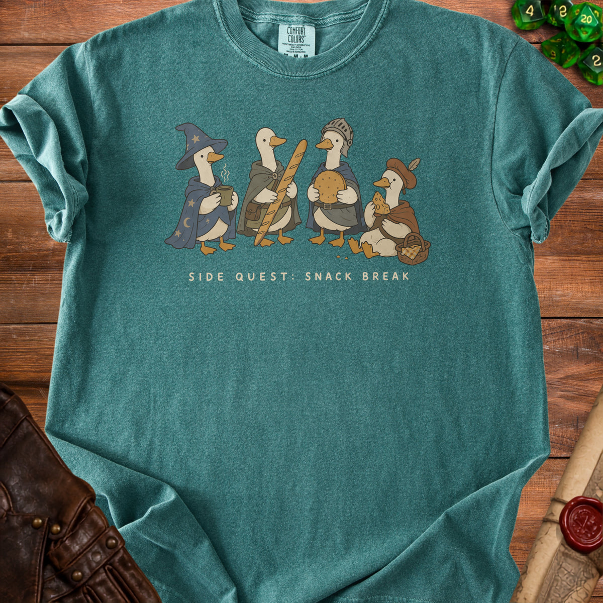 Four cartoon ducks in fantasy attire with bread and snacks, text "SIDE QUEST: SNACK BREAK".