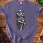 T-shirt with a seated knight illustration and "BARLEY MEDIEVAL" text.