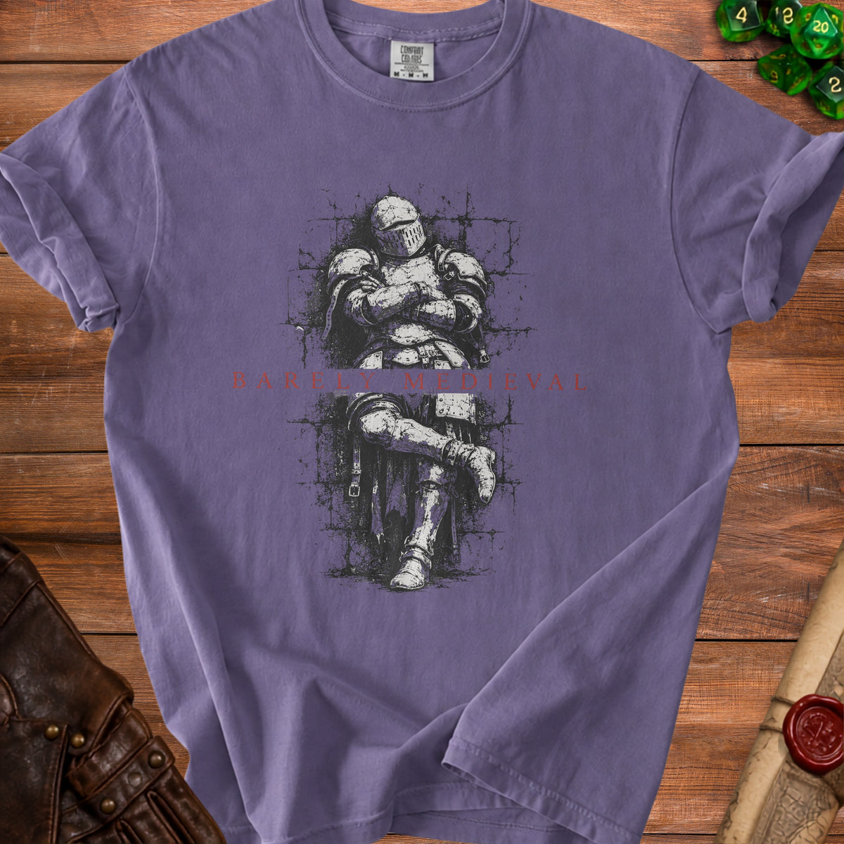 T-shirt with a seated knight illustration and "BARLEY MEDIEVAL" text.