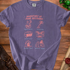 Purple t-shirt with "Inventory of Poor Decisions" and six illustrated items.