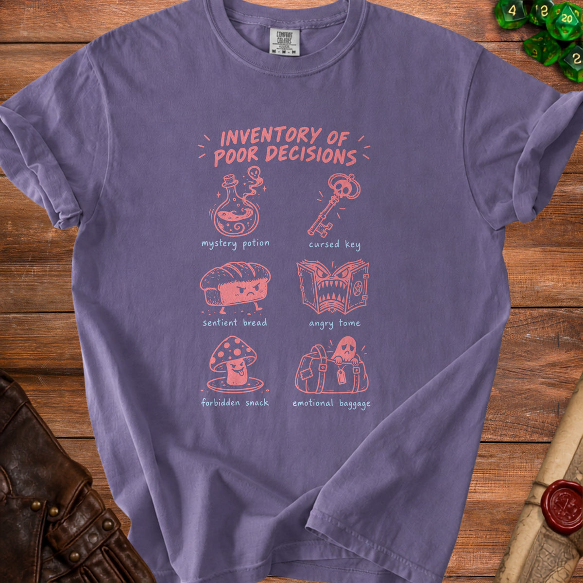 Purple t-shirt with "Inventory of Poor Decisions" and six illustrated items.