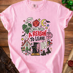 Pink t-shirt with "Roll for a Reason to Leave" graphic and D20 dice.