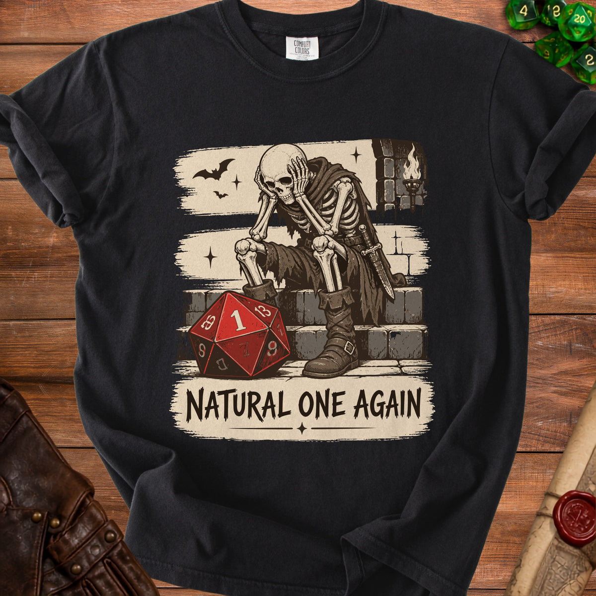 Skeleton sitting on stairs with a d20 showing a 1 and text "NATURAL ONE AGAIN".