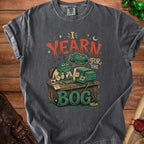 T-shirt graphic of a frog at a desk yearning for the bog.